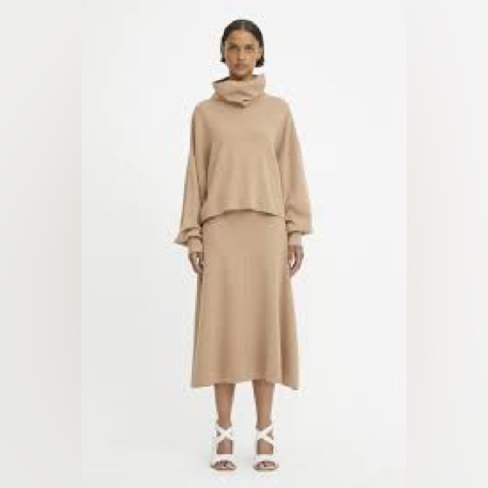Women's Wool Cowl Neck Sweater and Skirt Set in Camel